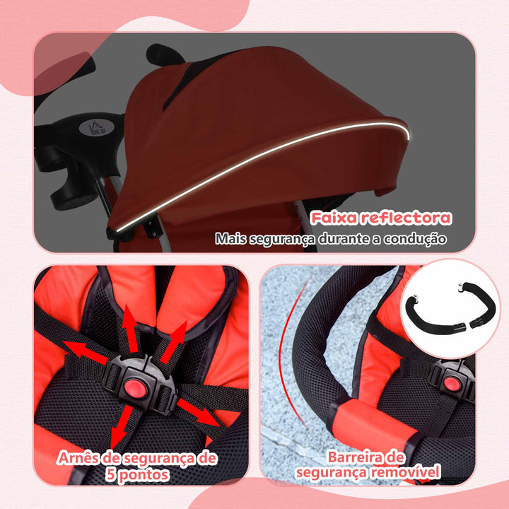 Triciclo para Bebés Dobrável Triciclo Evolutivo 2 em 1 para Crianças de 12-60 Meses com Capota Dobrável Guiador Telescópico Apoio para os Pés Cinto de Segurança e Cesto 112x50x104 cm Vermelho