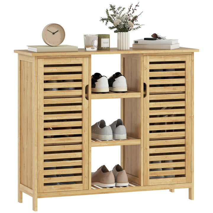 Sapateira com 2 Portas de Bambu em Ripas Sapateira para Entrada com Prateleiras e Compartimentos Abertos para 9 Pares de Sapatos 100x33x86 cm Madeira