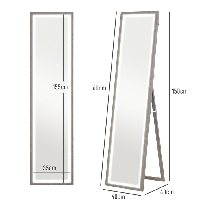 Espelho de Pé com Luz LED 40x160 cm Espelho de Corpo Inteiro com Iluminação de 3 Cores Tátil Função de Memória e Suporte para Sala de Estar Dormitório Cinza