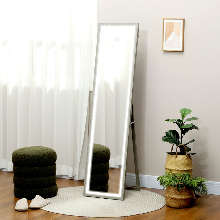 Espelho de Pé com Luz LED 40x160 cm Espelho de Corpo Inteiro com Iluminação de 3 Cores Tátil Função de Memória e Suporte para Sala de Estar Dormitório Cinza