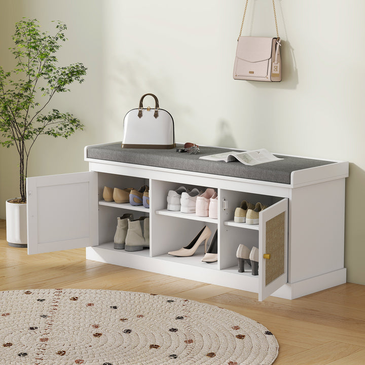 Banco Sapateira Móvel Sapateira Boémio com Assento Acolchoado Portas com Frente em Vime Prateleira Aberta Prateleira Ajustável para 9 Pares de Sapatos para Entrada 105x35x47 cm Branco