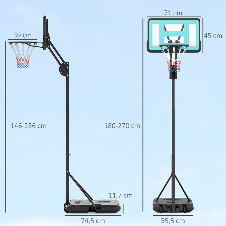 Tabela de Basquetebol Ajustável de 146-236 cm Tabela de Basquetebol Portátil com Rodas e Base Preenchível com Água ou Areia Tabela Inquebrável Preto