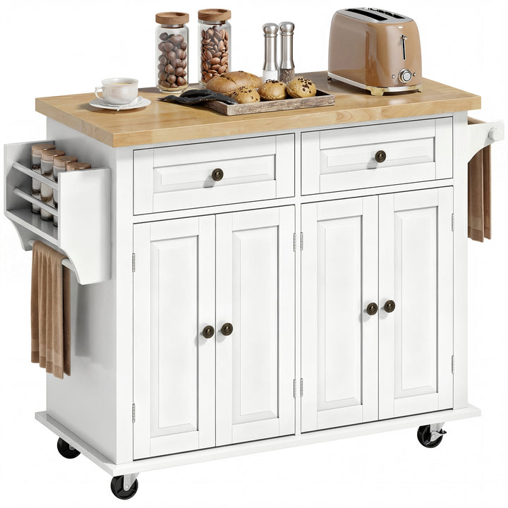 Ilha de Cozinha com Rodas Móvel Auxiliar de Cozinha com 2 Gavetas 4 Portas Suporte para Temperos e Barra Lateral 111x44,5x82,5cm Branco e Madeira