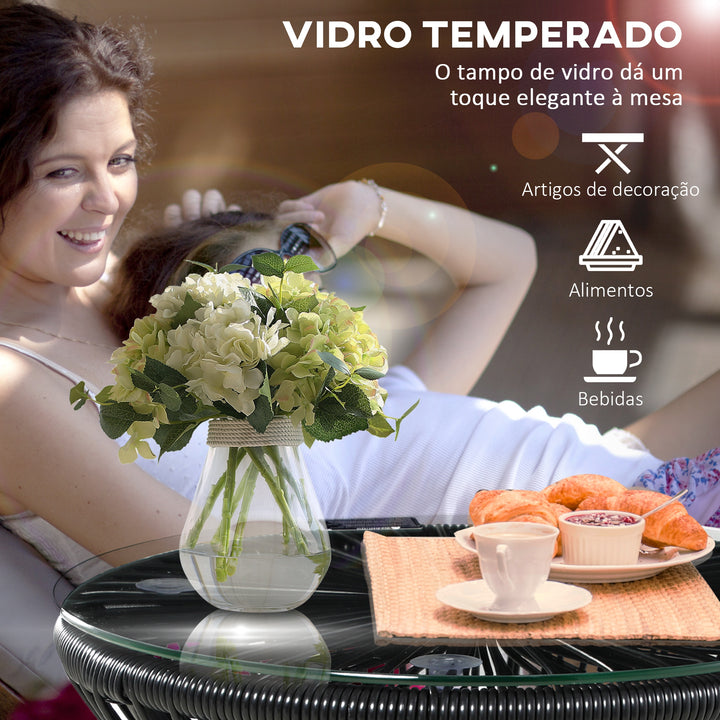 Mesa Auxiliar de Vime Sintético Mesa de Centro Redonda com Bancada de Vidro Temperado e Estrutura de Metal Carga Máxima 30 kg para Pátio Jardim Varanda Ø40x42 cm Preto