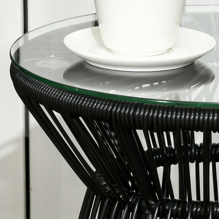 Mesa Auxiliar de Vime Sintético Mesa de Centro Redonda com Bancada de Vidro Temperado e Estrutura de Metal Carga Máxima 30 kg para Pátio Jardim Varanda Ø40x42 cm Preto