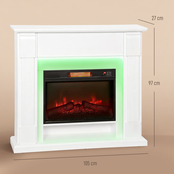 Lareira Elétrica Empotrada com Efeito de Chama 3D e Tira de Luz LED RGB 1800W Temporizador Termostato Digital Controlo Remoto para 30 m² 105x27x97 cm Branca
