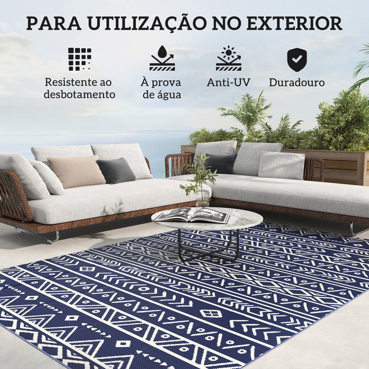 Tapete de Exterior 182x274 cm Tapete Reversível com Padrão Geométrico e Bolsa de Transporte para Varanda Pátio Campismo Praia Azul