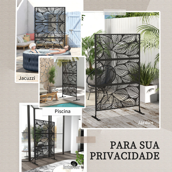 Biombo de Exterior Separador de Ambientes com 3 Peças com Padrão de Flores Grande e Estrutura de Aço Ecrã de Privacidade para Pátio Varanda Jardim 122x45x198 cm Preto