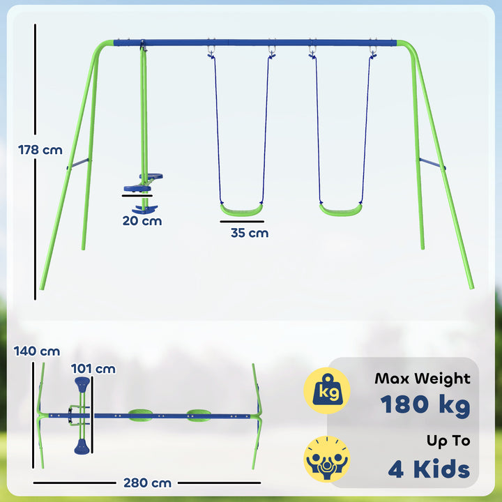 Conjunto de Baloiços de Jardim de Metal com Altura Ajustável Baloiços para Crianças acima de 3 Anos com Baloiço Duplo Baloiço para Pátio Exterior 280x140x178 cm Verde