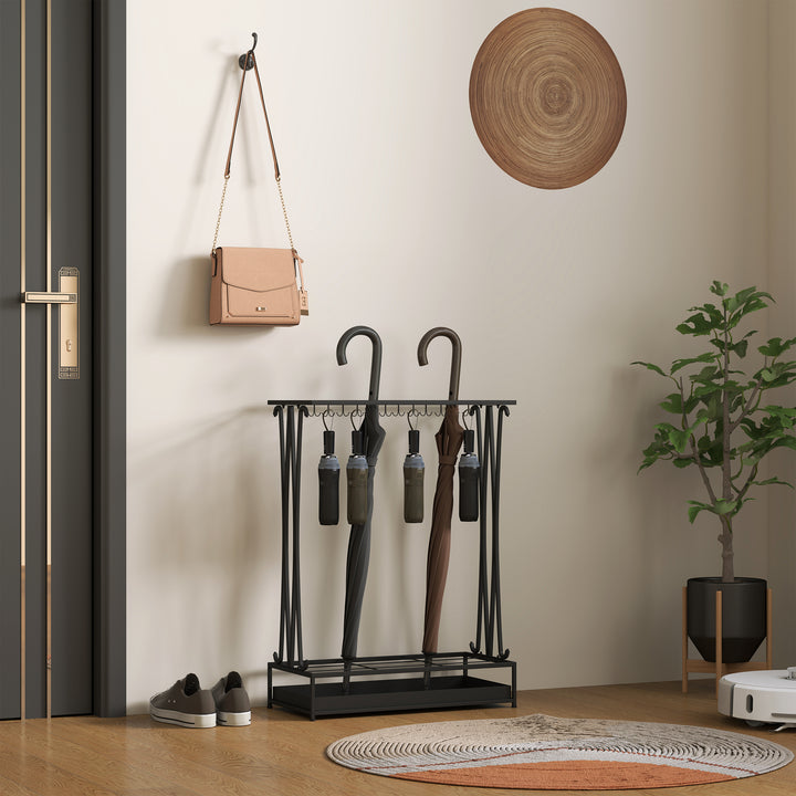Suporte para Guarda-Chuva Moderno Retangular Suporte para Guarda Chuvas de Aço com 24 Ganchos 21 Espaços e Bandeja Recolhedora de Gotas Amovível para Entrada Escritório 50x24x68 cm Preto