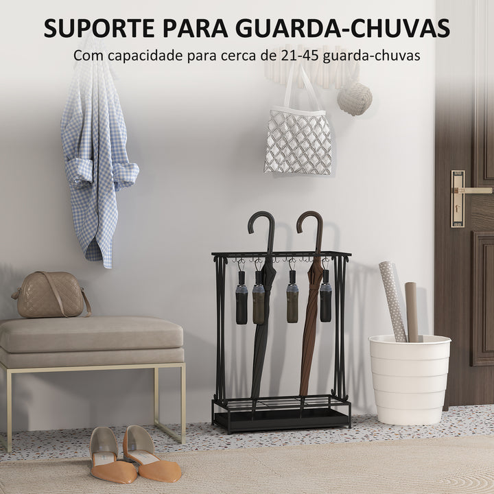 Suporte para Guarda-Chuva Moderno Retangular Suporte para Guarda Chuvas de Aço com 24 Ganchos 21 Espaços e Bandeja Recolhedora de Gotas Amovível para Entrada Escritório 50x24x68 cm Preto