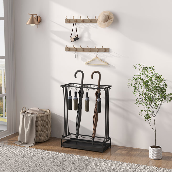 Suporte para Guarda-Chuva Moderno Retangular Suporte para Guarda Chuvas de Aço com 24 Ganchos 21 Espaços e Bandeja Recolhedora de Gotas Amovível para Entrada Escritório 50x24x68 cm Preto
