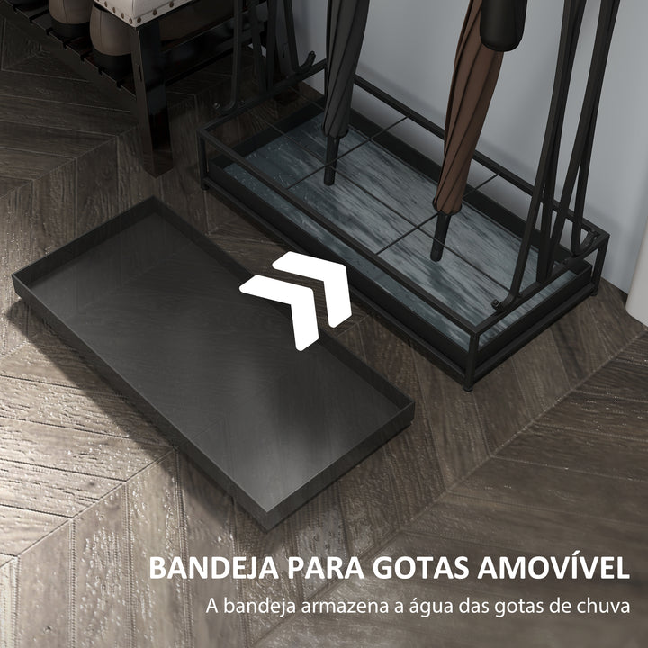 Suporte para Guarda-Chuva Moderno Retangular Suporte para Guarda Chuvas de Aço com 24 Ganchos 21 Espaços e Bandeja Recolhedora de Gotas Amovível para Entrada Escritório 50x24x68 cm Preto