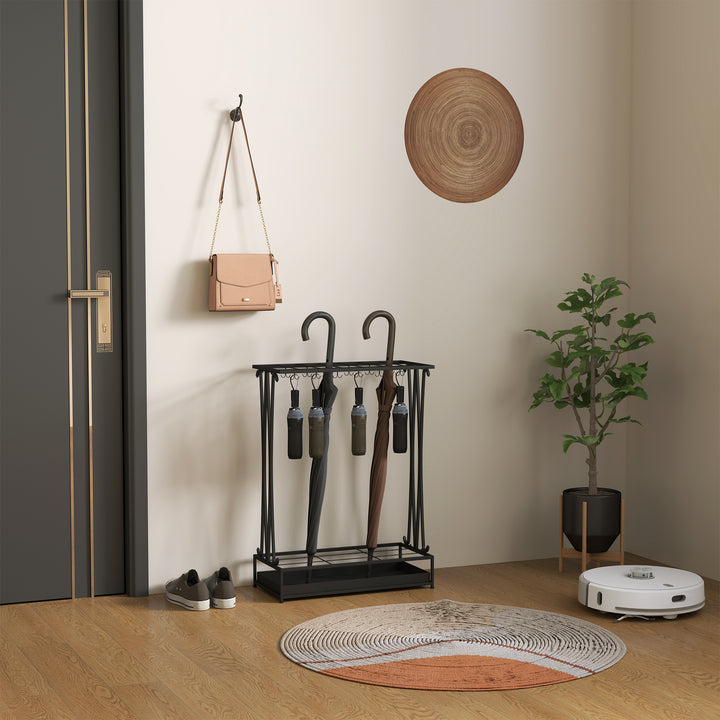 Suporte para Guarda-Chuva Moderno Retangular Suporte para Guarda Chuvas de Aço com 24 Ganchos 21 Espaços e Bandeja Recolhedora de Gotas Amovível para Entrada Escritório 50x24x68 cm Preto