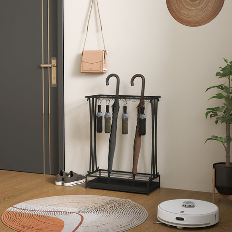 Suporte para Guarda-Chuva Moderno Retangular Suporte para Guarda Chuvas de Aço com 24 Ganchos 21 Espaços e Bandeja Recolhedora de Gotas Amovível para Entrada Escritório 50x24x68 cm Preto