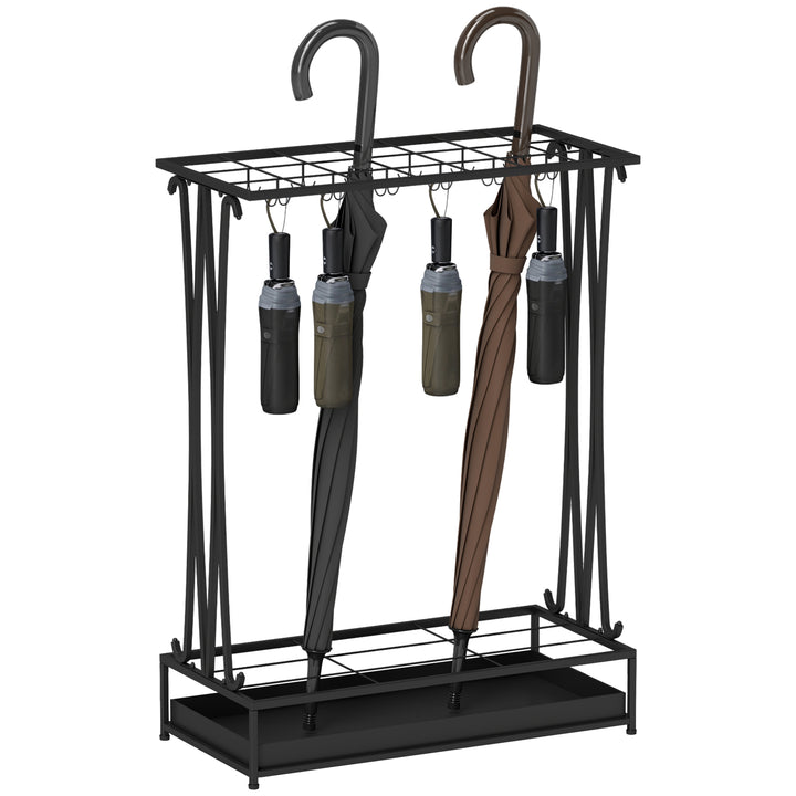 Suporte para Guarda-Chuva Moderno Retangular Suporte para Guarda Chuvas de Aço com 24 Ganchos 21 Espaços e Bandeja Recolhedora de Gotas Amovível para Entrada Escritório 50x24x68 cm Preto