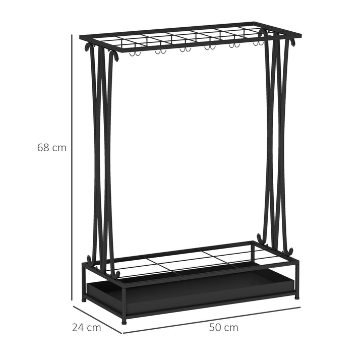 Suporte para Guarda-Chuva Moderno Retangular Suporte para Guarda Chuvas de Aço com 24 Ganchos 21 Espaços e Bandeja Recolhedora de Gotas Amovível para Entrada Escritório 50x24x68 cm Preto