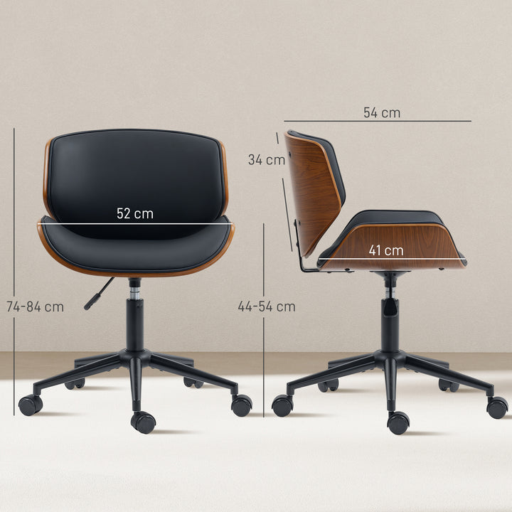 Cadeira de Escritório sem Braços Cadeira de Secretária Vintage Giratória Estofada em PU Madeira Curvada Altura Ajustável Encosto Curvo Função de Baloiço 52x54x74-84 cm Preto e Madeira