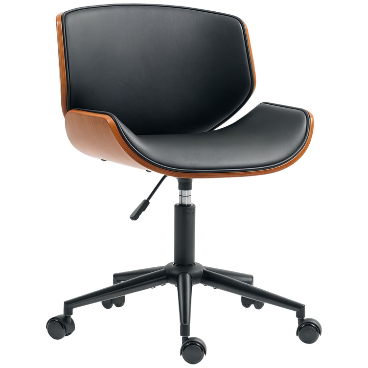 Cadeira de Escritório sem Braços Cadeira de Secretária Vintage Giratória Estofada em PU Madeira Curvada Altura Ajustável Encosto Curvo Função de Baloiço 52x54x74-84 cm Preto e Madeira