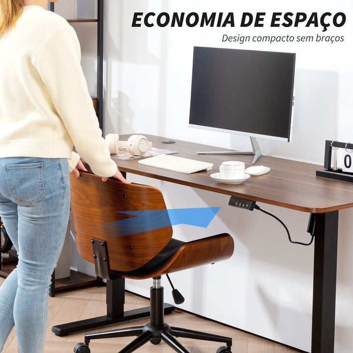 Cadeira de Escritório sem Braços Cadeira de Secretária Vintage Giratória Estofada em PU Madeira Curvada Altura Ajustável Encosto Curvo Função de Baloiço 52x54x74-84 cm Preto e Madeira
