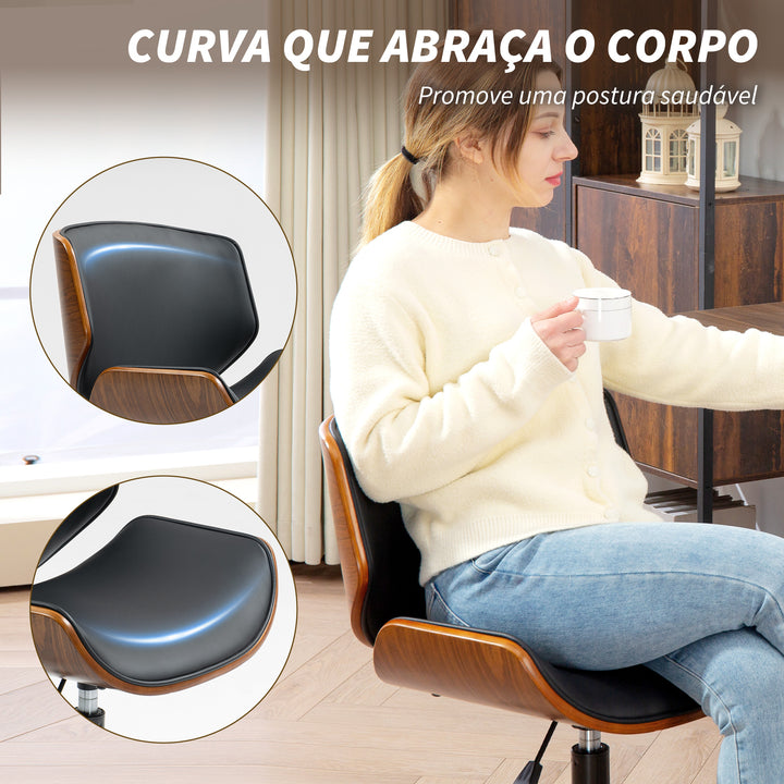 Cadeira de Escritório sem Braços Cadeira de Secretária Vintage Giratória Estofada em PU Madeira Curvada Altura Ajustável Encosto Curvo Função de Baloiço 52x54x74-84 cm Preto e Madeira