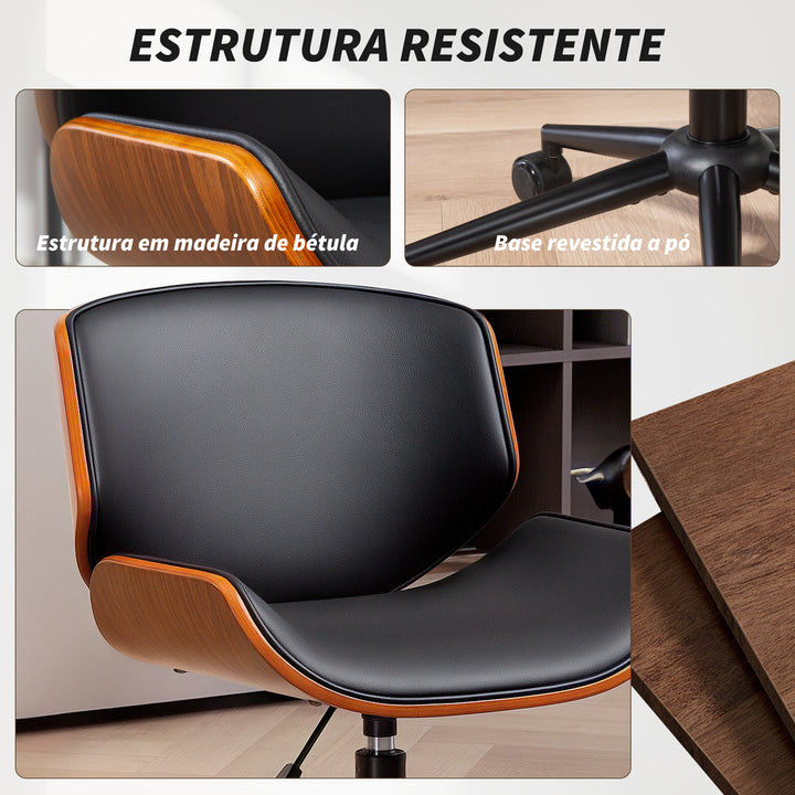 Cadeira de Escritório sem Braços Cadeira de Secretária Vintage Giratória Estofada em PU Madeira Curvada Altura Ajustável Encosto Curvo Função de Baloiço 52x54x74-84 cm Preto e Madeira