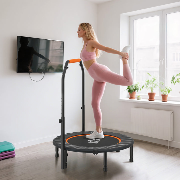 Trampolim Fitness Ø102 Trampolim Dobrável com Pega Ajustável em 4 Níveis Estrutura de Aço para Treino de Pernas Corpo em Casa Escritório Ginásio Preto e Laranja
