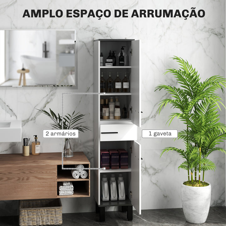 Coluna Casa de Banho Armário Alto Casa de Banho com Gaveta 2 Portas e Prateleiras Ajustáveis Móvel Auxiliar Casa de Banho Moderno Anti-Tombo 34x34x170 cm Branco