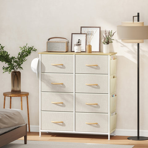 Cómoda Alta de Tecido com 8 Gavetas 4 Bolsos Laterais 2 Ganchos e Estrutura de Aço Cómoda para Quarto Sala de Estar Corredor 86x30x94,5 cm Bege