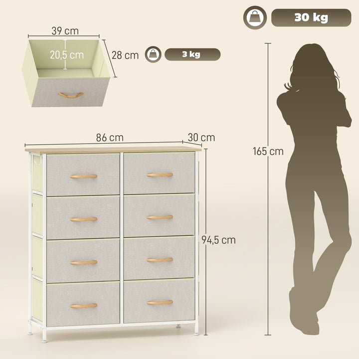 Cómoda Alta de Tecido com 8 Gavetas 4 Bolsos Laterais 2 Ganchos e Estrutura de Aço Cómoda para Quarto Sala de Estar Corredor 86x30x94,5 cm Bege