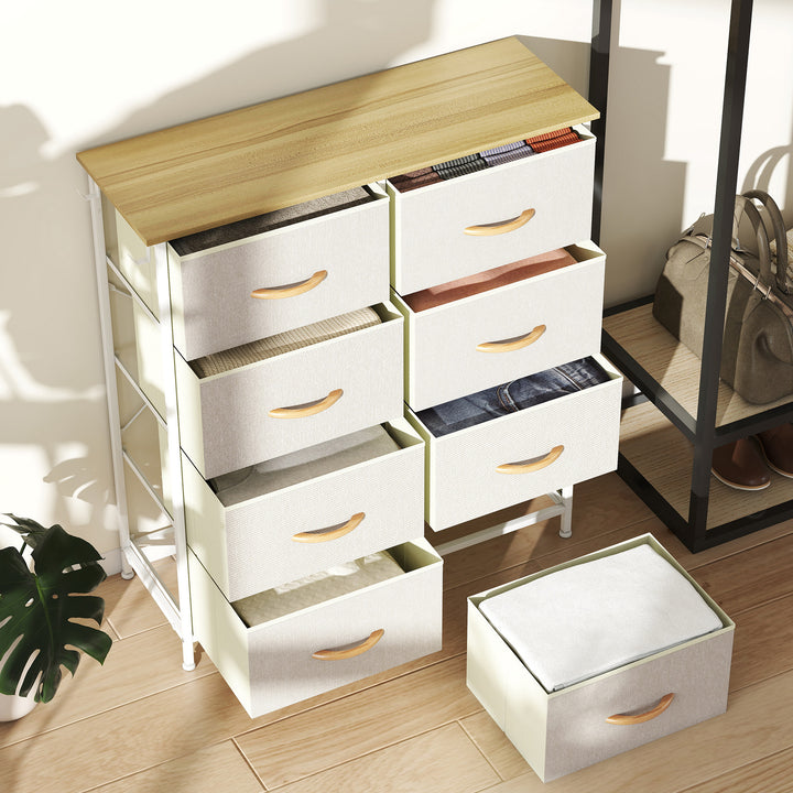 Cómoda Alta de Tecido com 8 Gavetas 4 Bolsos Laterais 2 Ganchos e Estrutura de Aço Cómoda para Quarto Sala de Estar Corredor 86x30x94,5 cm Bege