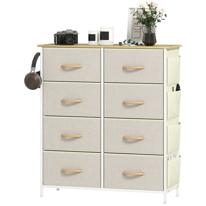 Cómoda Alta de Tecido com 8 Gavetas 4 Bolsos Laterais 2 Ganchos e Estrutura de Aço Cómoda para Quarto Sala de Estar Corredor 86x30x94,5 cm Bege