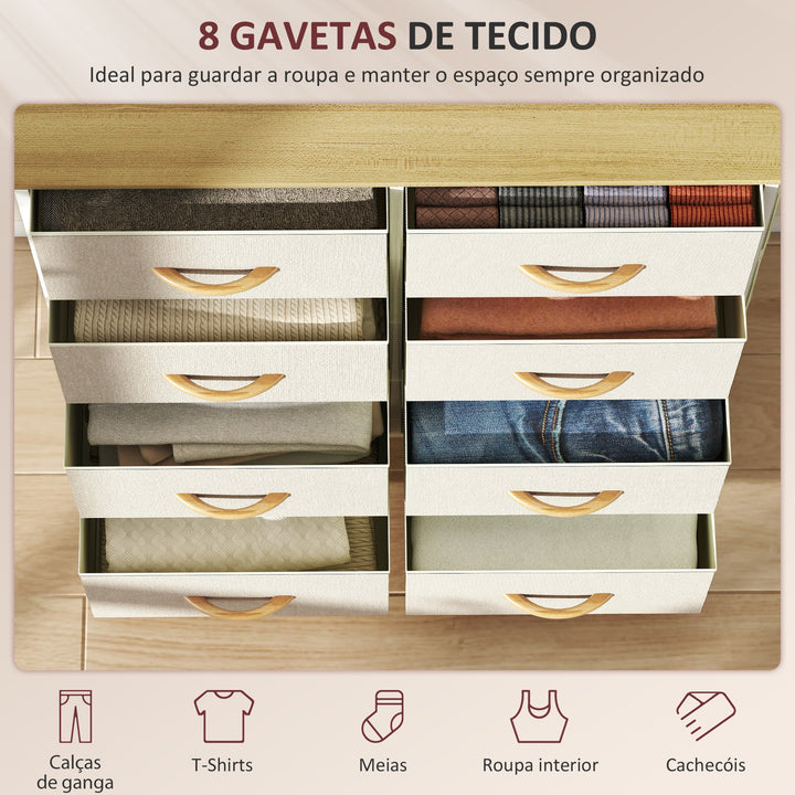 Cómoda Alta de Tecido com 8 Gavetas 4 Bolsos Laterais 2 Ganchos e Estrutura de Aço Cómoda para Quarto Sala de Estar Corredor 86x30x94,5 cm Bege