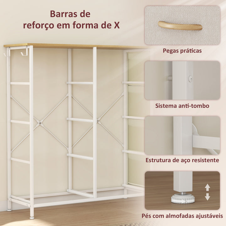 Cómoda Alta de Tecido com 8 Gavetas 4 Bolsos Laterais 2 Ganchos e Estrutura de Aço Cómoda para Quarto Sala de Estar Corredor 86x30x94,5 cm Bege