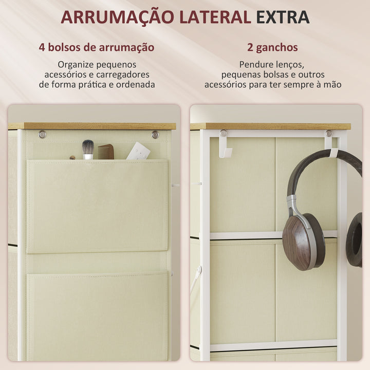 Cómoda Alta de Tecido com 8 Gavetas 4 Bolsos Laterais 2 Ganchos e Estrutura de Aço Cómoda para Quarto Sala de Estar Corredor 86x30x94,5 cm Bege