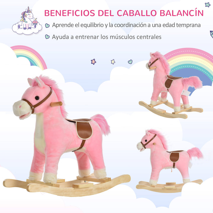 Cavalo de balanço para crianças acima de 36 meses Com boca e cauda móveis Música 65x32,5x61 cm Rosa
