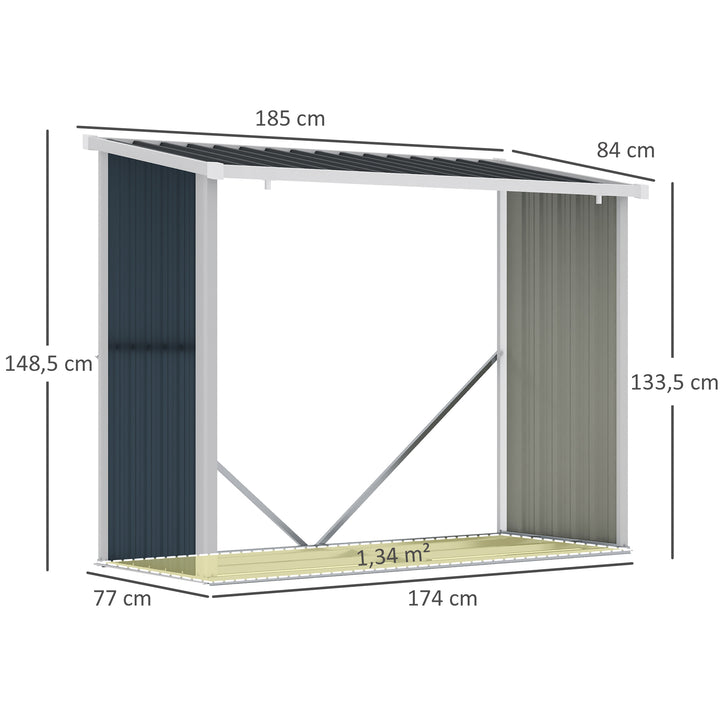 Abrigo para Lenha de Aço Galvanizado Abrigo de Armazenamento de Lenhas com Teto Inclinado para Jardim Terraço Exterior 185x84x133,5/148,5 cm Cinza