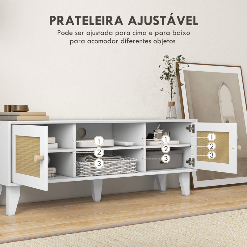 Móvel de TV Móvel de Sala de Estar para Televisores de até 55 Polegadas com 2 Portas de Vime e Prateleira Ajustável para Dormitório 120x35x46 cm Branco