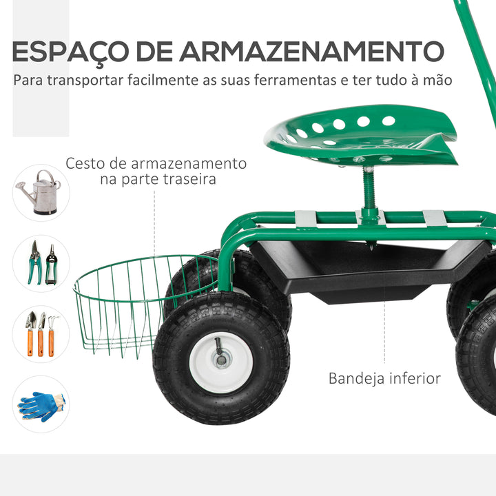 Banco de Jardim com Rodas Banco de Jardinagem Giratório e Ajustável em Altura Rodas Pneumáticas Bandeja para Ferramentas e Cesta Capacidade de Carga 150 kg para Exterior Verde