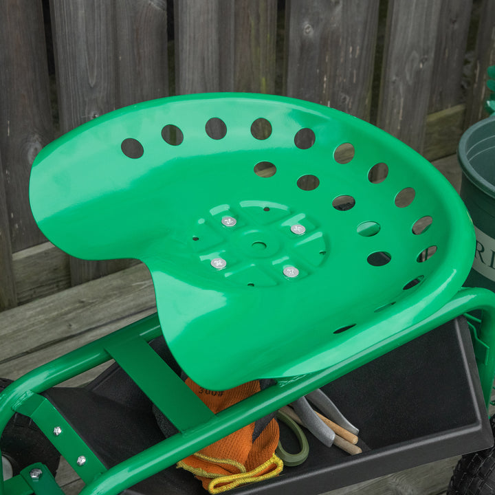 Banco de Jardim com Rodas Banco de Jardinagem Giratório e Ajustável em Altura Rodas Pneumáticas Bandeja para Ferramentas e Cesta Capacidade de Carga 150 kg para Exterior Verde