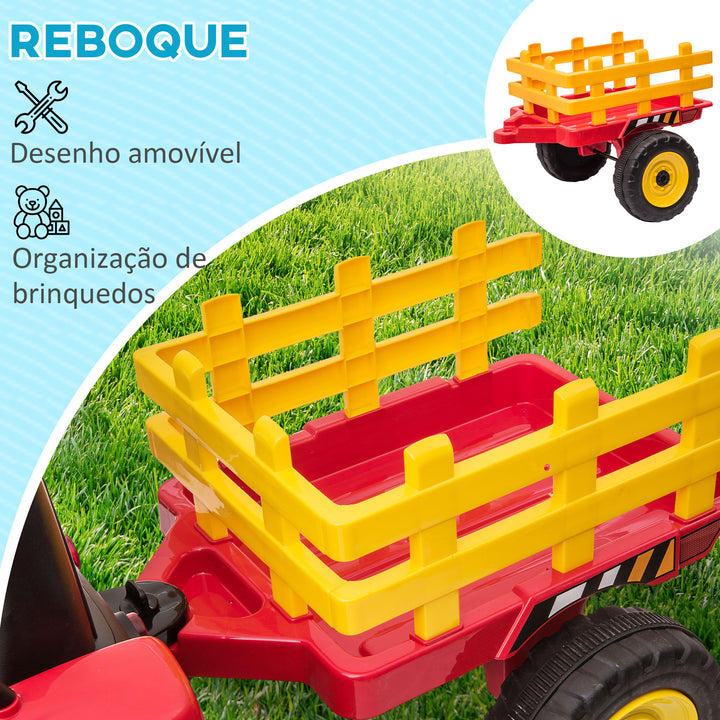 Trator Elétrico com Reboque Amovível Carro Elétrico para Crianças 3-6 Anos com Controlo Remoto Música MP3 Luzes e Cinto de Segurança 136,5x50x52,5 cm Vermelho
