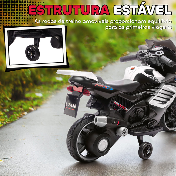Mota Elétrica para Crianças 6V com Rodas de Apoio Música e Farol para Crianças de 18-36 Meses 77x38x50 cm Branco