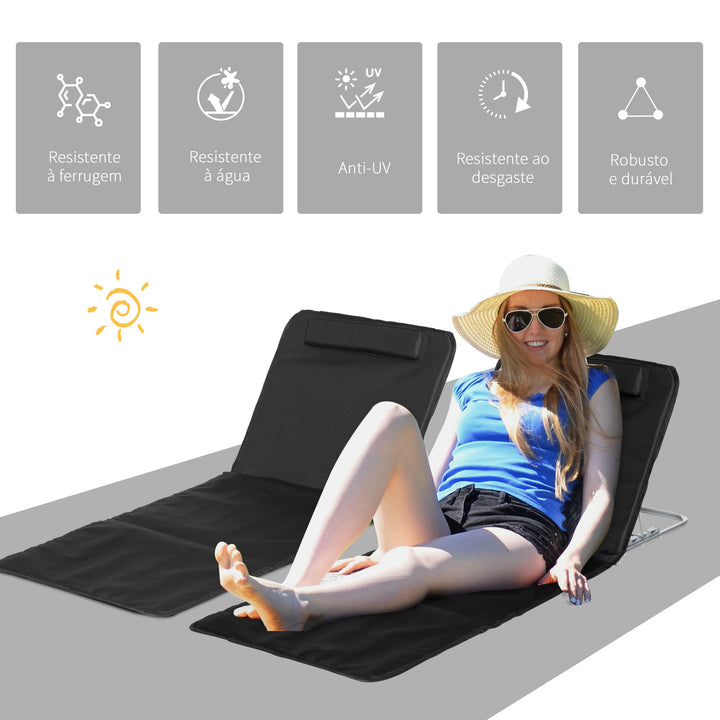 Conjunto de 2 Esteiras de Praia com Encosto Reclinável em 5 Níveis Bolsa de Transporte e Apoio de Cabeça 48x134x36-45 cm Preto