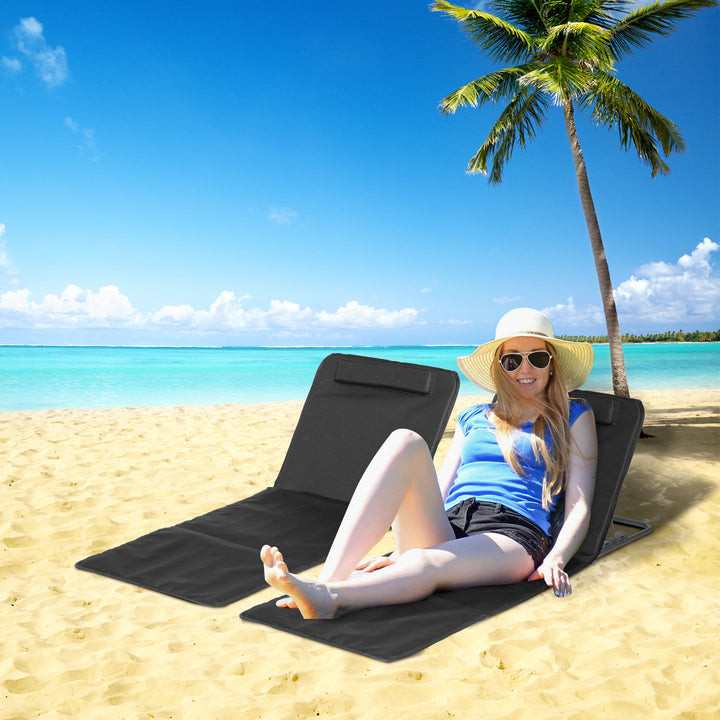 Conjunto de 2 Esteiras de Praia com Encosto Reclinável em 5 Níveis Bolsa de Transporte e Apoio de Cabeça 48x134x36-45 cm Preto