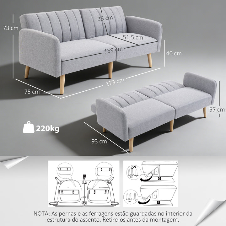 Sofá Cama de 2 Lugares com Encosto Ajustável em 3 Posições Apoio para os Braços Desmontável e Pés de Madeira Sofá Duplo Moderno para Sala de Estar Escritório 173x75x73cm Cinza