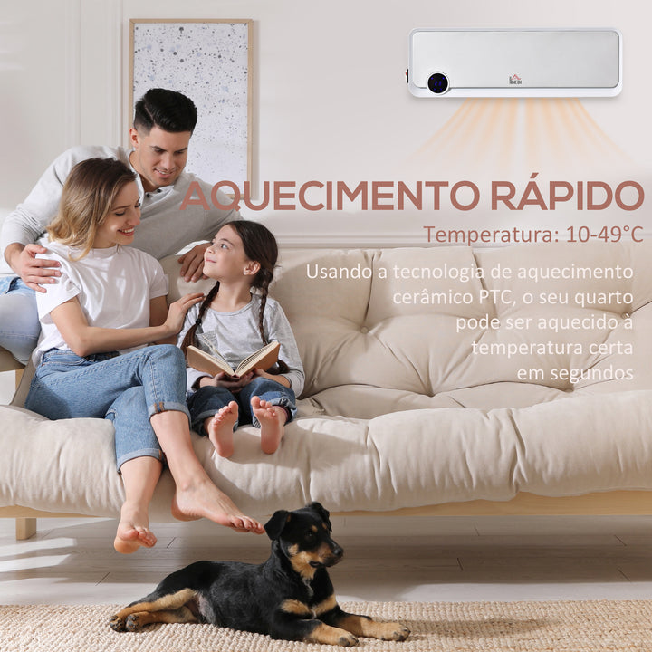 Aquecedor Cerâmico de Parede 1000W/2000W com Controle Remoto Tela LED Temporizador de 12h Termostato e Proteção contra Superaquecimento 56x18,5x11,7cm Branco
