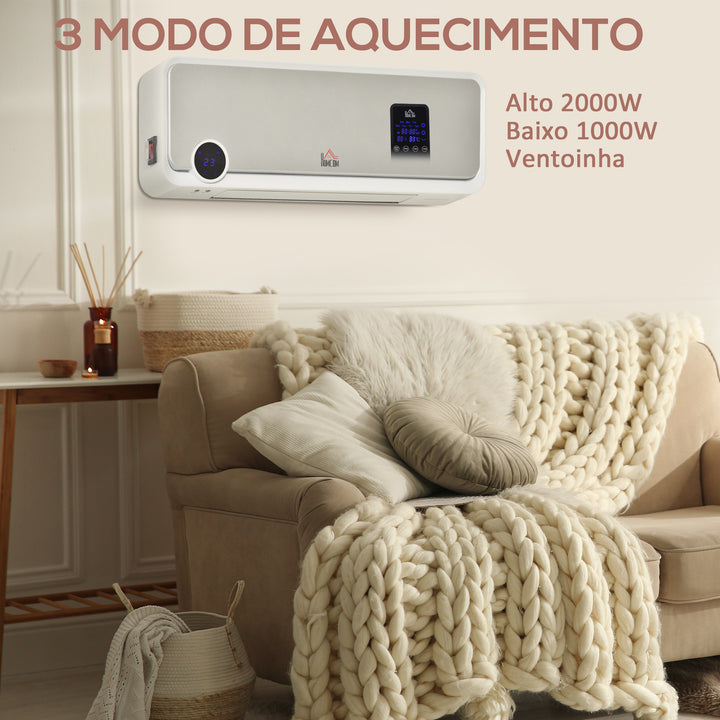 Aquecedor Cerâmico de Parede 1000W/2000W com Controle Remoto Tela LED Temporizador de 12h Termostato e Proteção contra Superaquecimento 56x18,5x11,7cm Branco