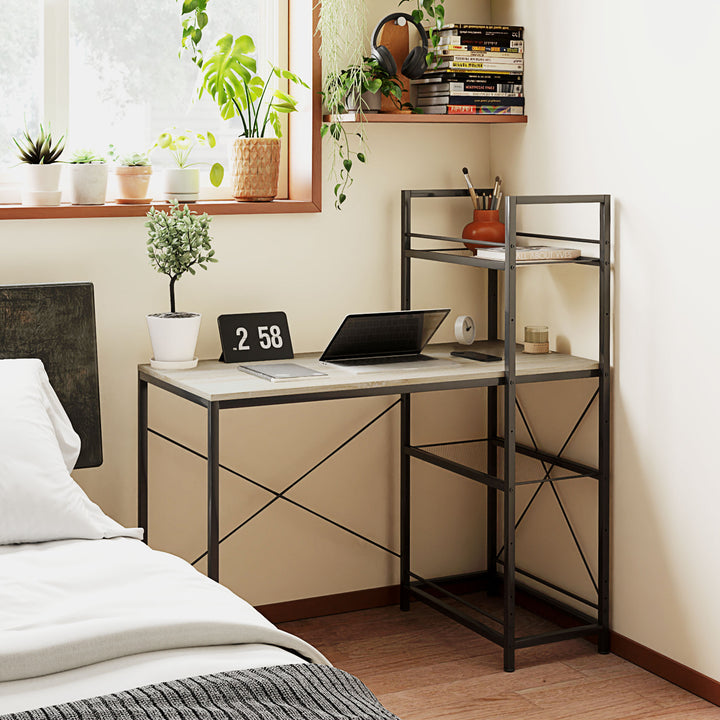 Secretária com Prateleira Reversível Secretária Estilo Industrial com Estrutura em Aço Mesa de Computador para Escritório Dormitório 110x53x115,5 cm Carvalho e Preto