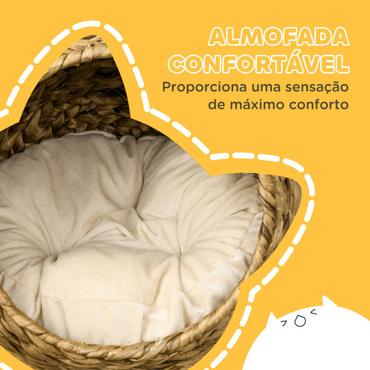 Cama para Gatos de Fibra Vegetal Caverna para Gatos Desmontável com Almofada Amovível 42x33x52 cm Marrom Claro e Bege