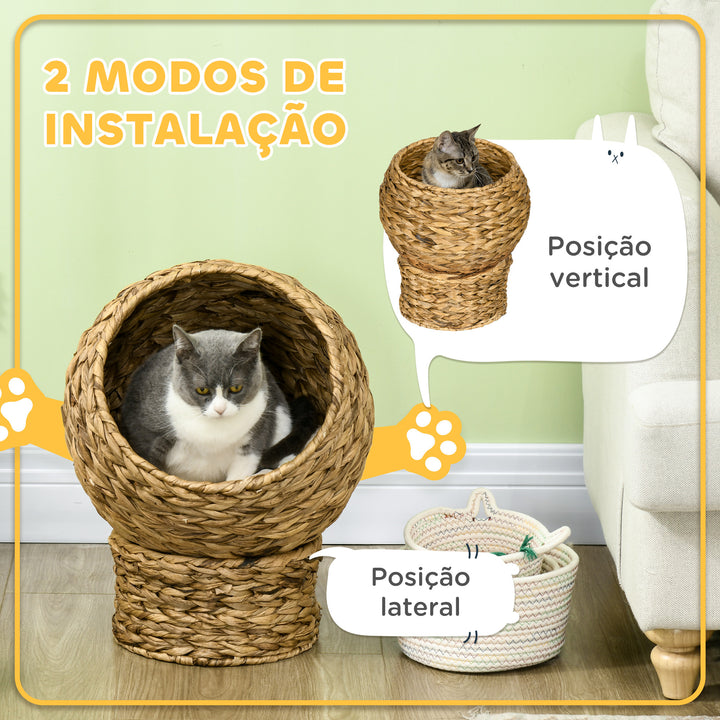 Cama para Gatos de Fibra Vegetal Caverna para Gatos Desmontável com Almofada Amovível 42x33x52 cm Marrom Claro e Bege